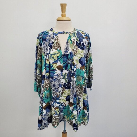 Umgee Womens Boho Floral Tunic Dress Size M Multicolor Bell Sleeve Keyhole Neck - Picture 1 of 14